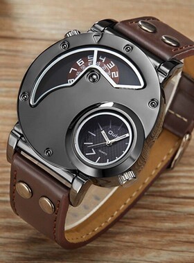 Luxury Men Watch Big Face Dual Time Leather Quartz Watch