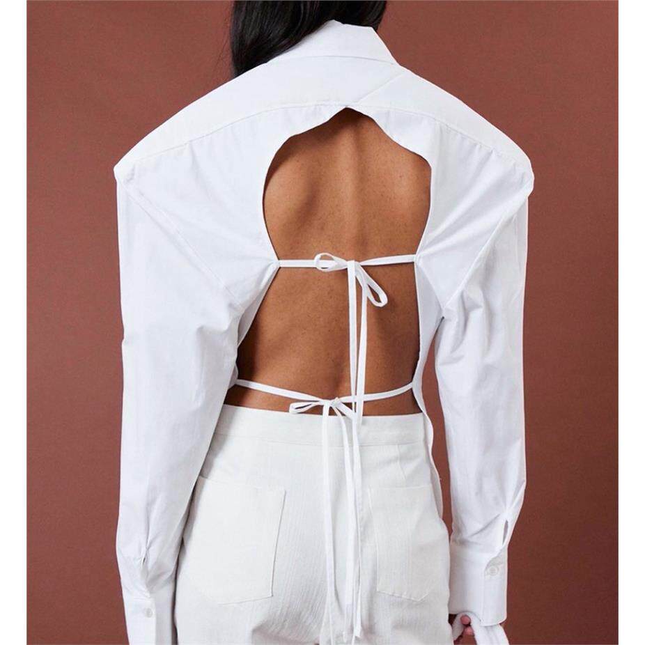 Backless White Shirt 欧美设计感露背垫肩系带性感收腰白色衬衫