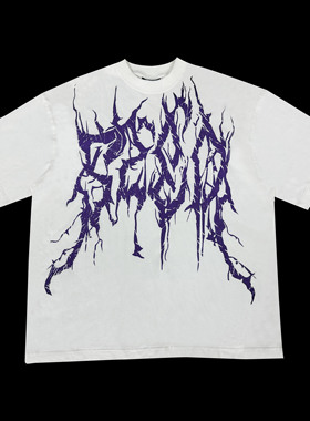 528d23ss异型字体LOGO紫色宽松短袖260g小领口龟裂分裂