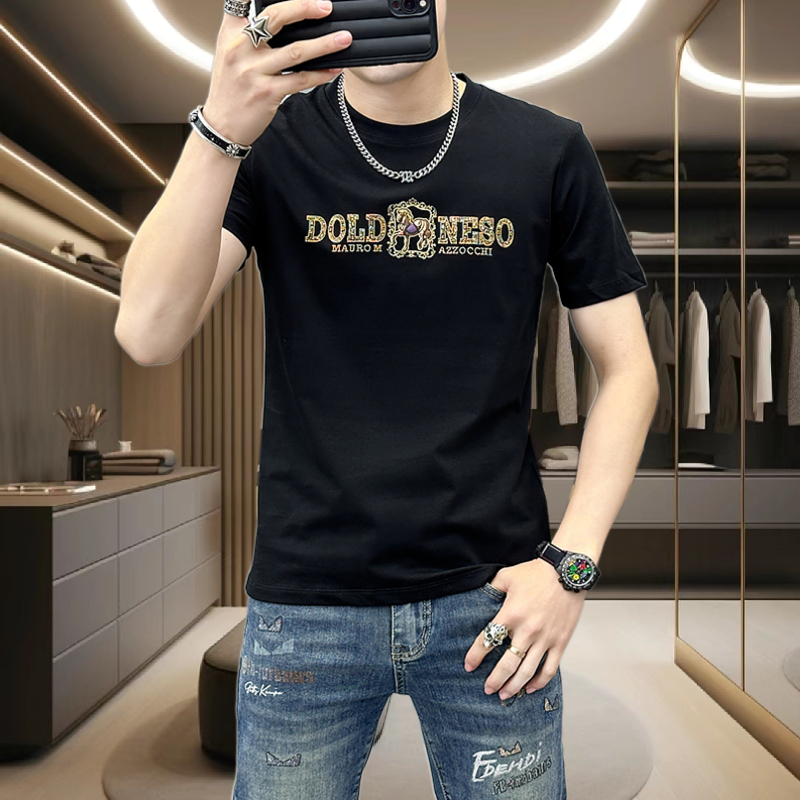 夏季休闲短袖男上衣2024潮流新款黑白色圆领男装冰丝半袖衣服