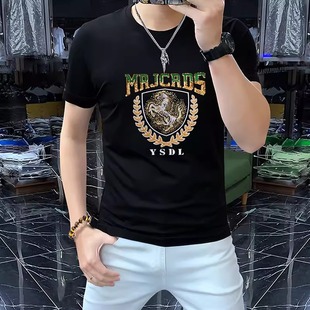 欧货男士短袖圆领T恤2025夏季男装半袖上衣潮流刺绣男款修身衣服