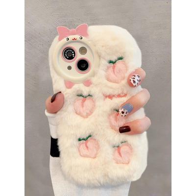 适用于苹果15手机壳iphone16promax毛绒桃子星星14简约新款12网红女款16超火爆款12Pro镜头全包13Pro保护套