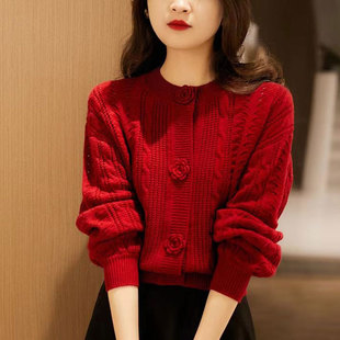 立体花朵复古工艺羊绒加厚大码针织开衫减龄毛衣女提花羊毛衫外套