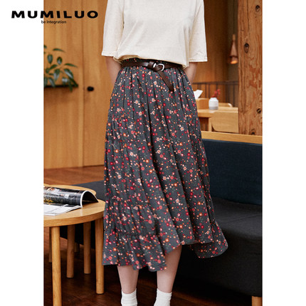 MUMILUO|碎花半身裙a字中长款不规则显瘦过膝百褶裙