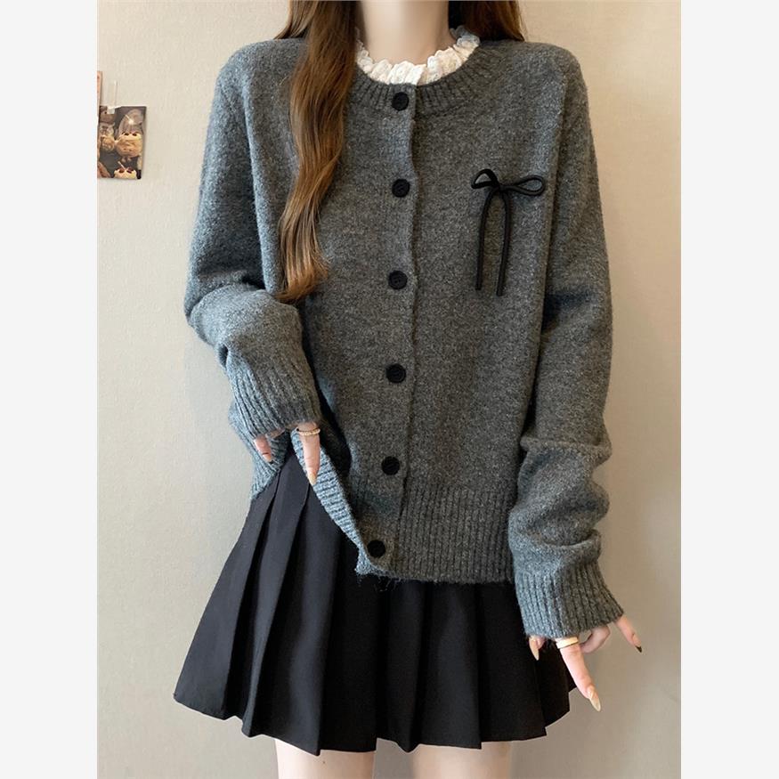 加码妇女覆盖腹部懒惰风格毛衣开衫妇女在秋冬胖姐姐蝴蝶结针织底