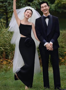新款影楼拍照主题服装吊带黑白色花朵赫本风外景情侣室内婚纱礼服