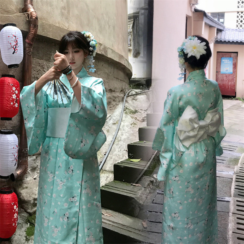 日式和风和服女浅绿色神明少女改良版浴衣洋装日系
