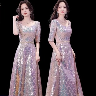 新款亮片大合唱演出服女长裙诗朗诵唱红歌舞台表演服主持人晚礼服