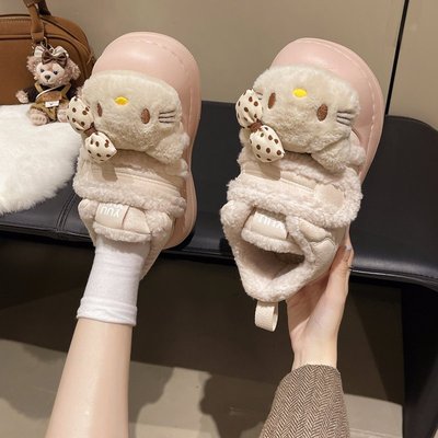 少女心可爱减龄小萌神凯蒂猫毛绒绒棉鞋女冬季外穿加绒软底包跟鞋