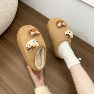 美拉德气质可爱小萌神豹纹凯蒂猫棉拖鞋 女冬外穿厚底防滑毛绒拖鞋