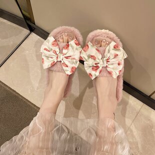 温柔甜美蝴蝶结毛绒绒拖鞋 女秋冬居家可爱减龄俏皮软底防滑毛毛拖