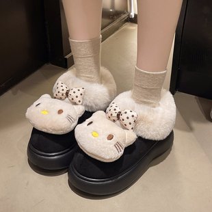 奶呼呼气质凯蒂猫加绒棉鞋女秋冬季外穿软厚底防滑轻便保暖包跟鞋
