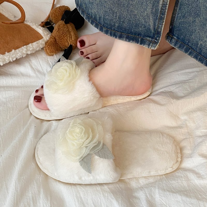 欧根纱花朵软底棉拖鞋女冬季家居软底轻便加绒保暖毛绒绒拖鞋