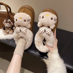 外穿厚底增高防滑轻便毛绒包跟鞋 小萌神可爱凯蒂猫加绒棉鞋 女冬季