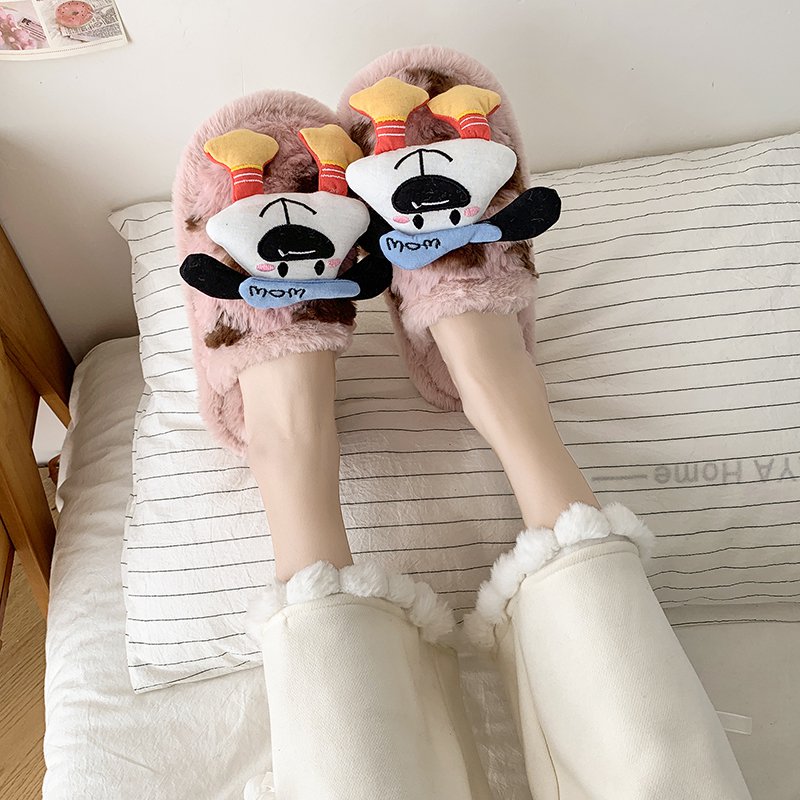 个性可爱小狗毛绒绒拖鞋女秋冬季居家加绒舒适软底防滑卡通棉拖鞋