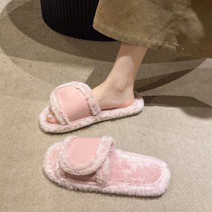 软糯简约魔术贴毛毛拖女秋冬居家软底防滑舒适室内家用毛绒绒拖鞋