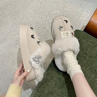 精致气质高颜值蝴蝶毛绒绒拖鞋女秋冬季外穿软厚底防滑舒适棉拖鞋