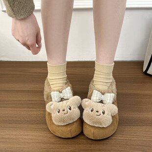 外穿厚底增高防滑舒适毛毛鞋 女秋冬季 气小熊加绒棉鞋 萌系可爱元