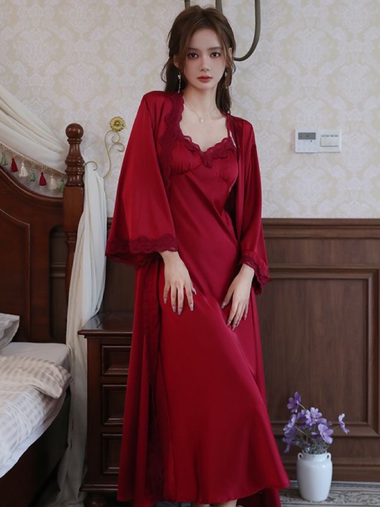新品黛安芳新中式婚礼女新娘高级感秋冬真丝睡袍吊带睡裙红色睡衣