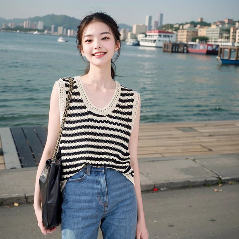 镂空条纹针织衫吊带小背心女夏季新款外穿设计感百搭宽松无袖马甲