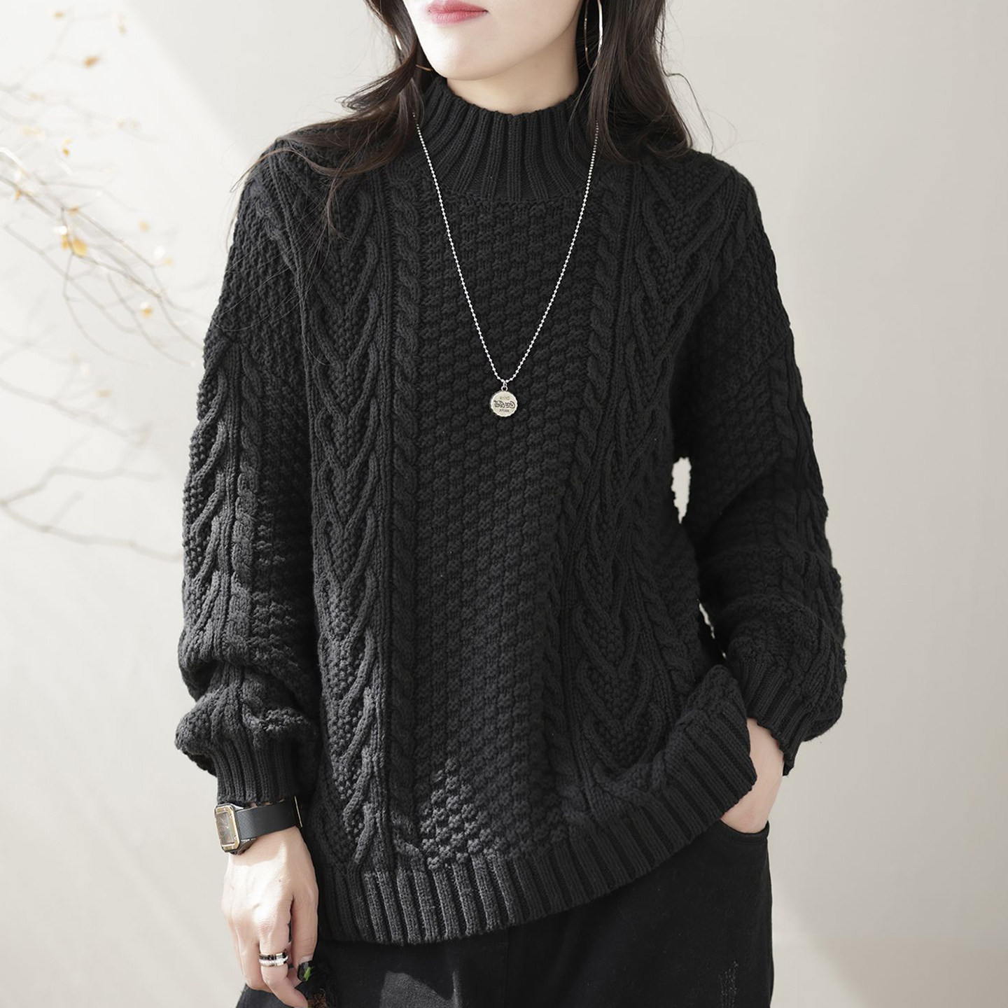 大码女装秋冬季新款毛衣针织衫上衣宽松半高领麻花内搭外穿打底衫