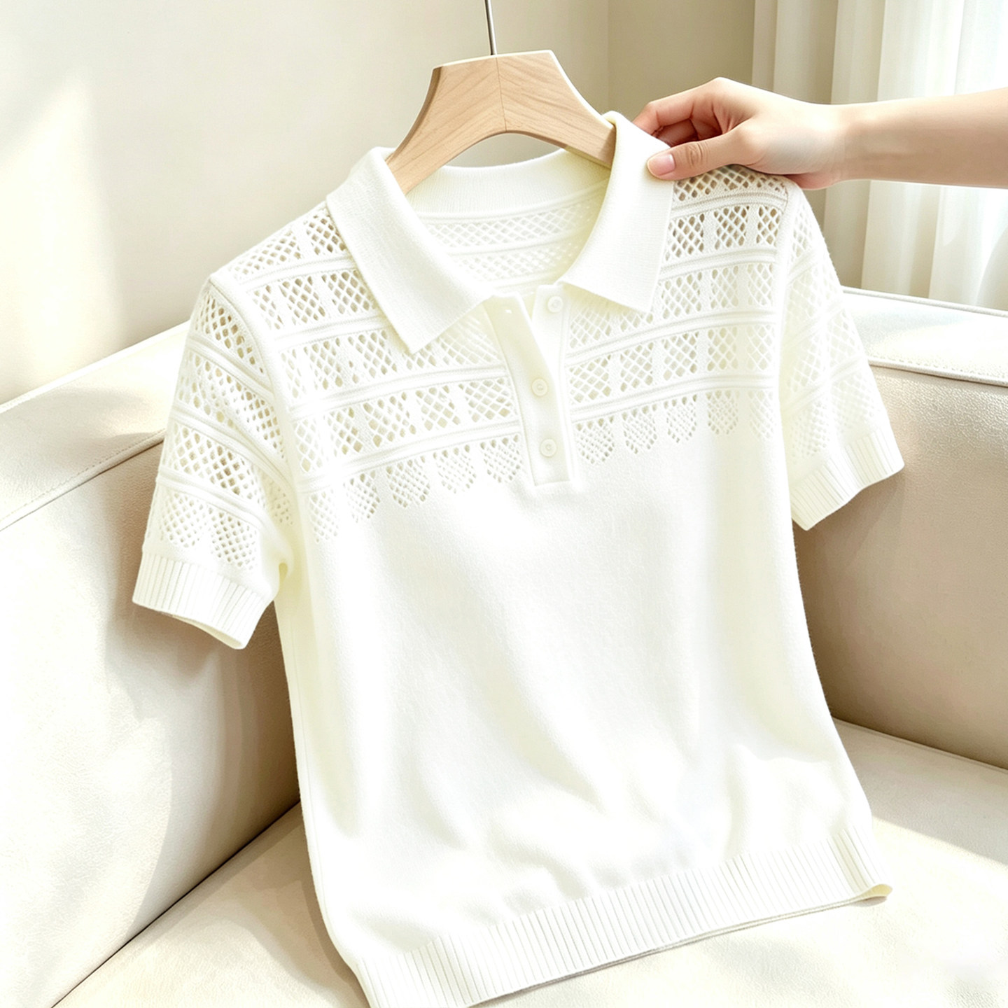 夏季Polo领镂空钩花短袖T恤女