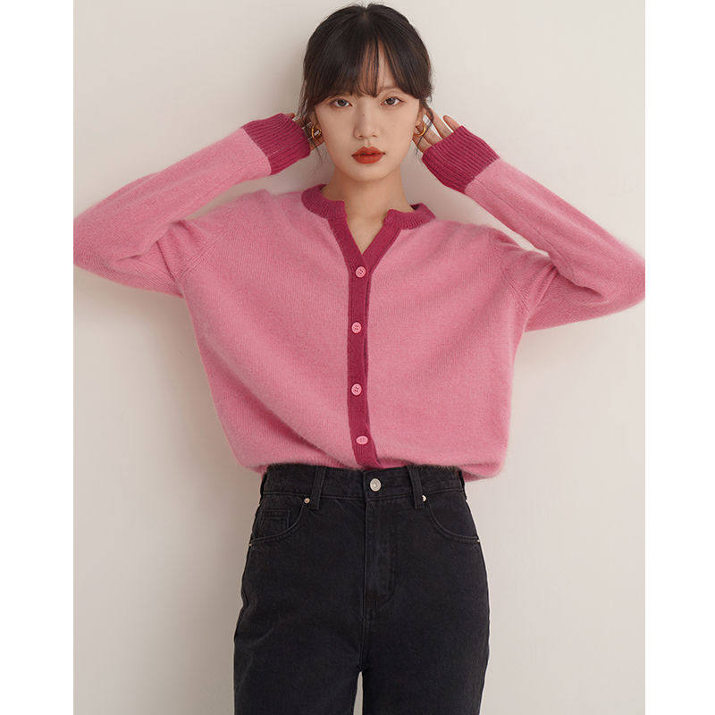 春秋季新款毛衣开衫女拼色v领上衣粉红色软糯内搭打底针织衫外套