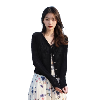 V领薄款镂空长袖防晒针织开衫女