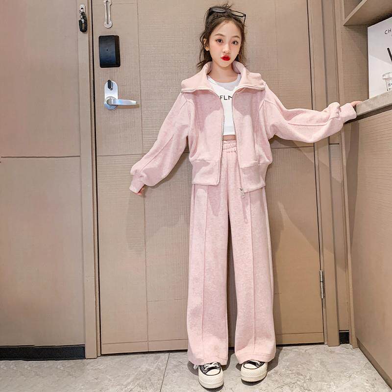 女大童春季套装2025新款韩版网红女孩学生大翻领开衫阔腿裤两件套
