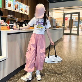2025新款 薄款 夏季 两件套13 9女孩宽松束脚裤 裤 女大童T恤工装 子套装