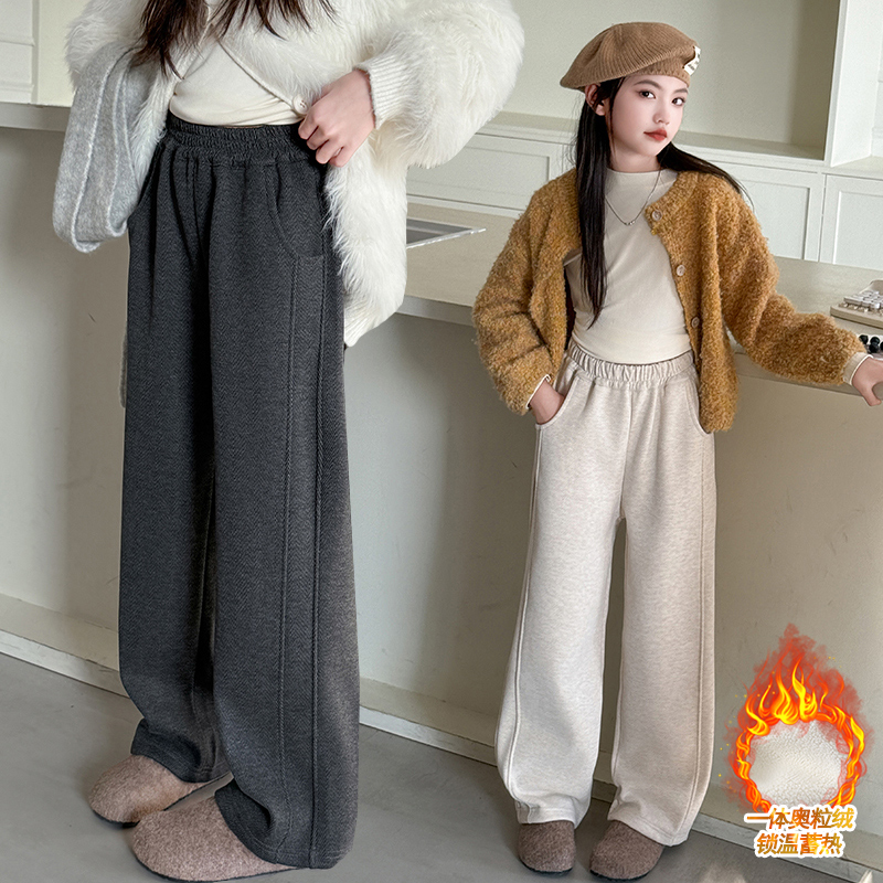 女大童加绒裤子秋冬款2025冬季加厚阔腿裤初中生女孩一体绒休闲裤