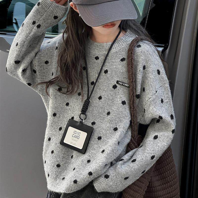 女童灰色套头毛衣秋季2025新款儿童洋气时髦女孩波点慵懒风针织衫