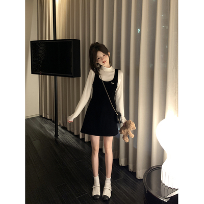 蝴蝶结黑色丝绒吊带连衣裙子女收腰气质小个子背心短裙套装秋冬季