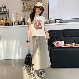 洋氣女孩衣服夏季 女大童印花拼色短袖 套裝 裙2025新款 裙子兩件套