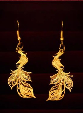 古法黄金色凤凰于飞耳环