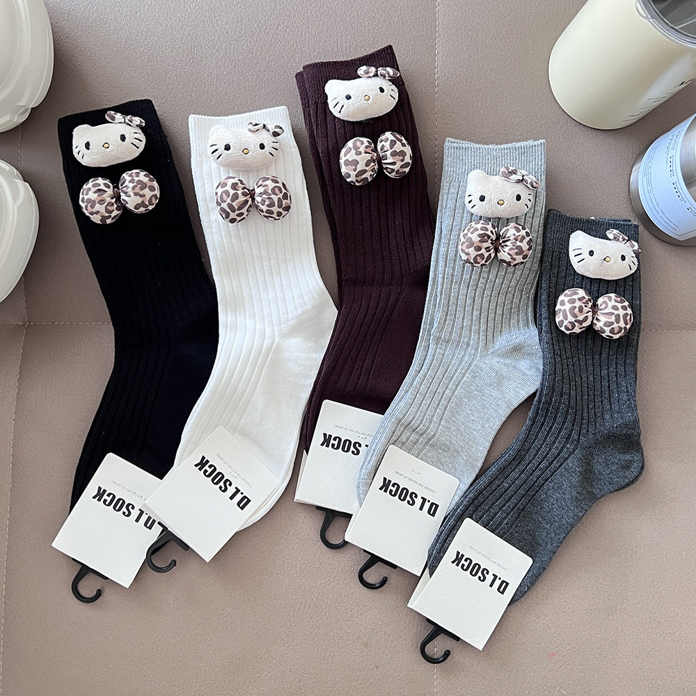 玩偶公仔kitty猫豹纹蝴蝶结中筒