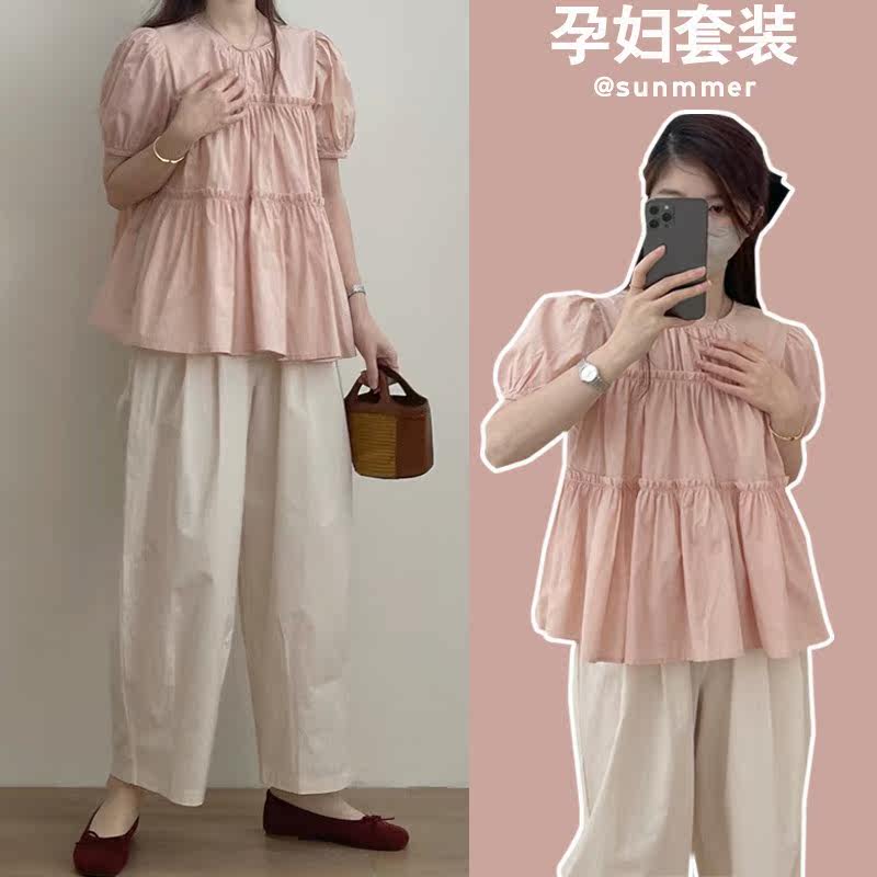 孕妇套装夏装娃娃衫衬衫韩版宽松上衣+棉麻阔腿裤九分裤子两件套