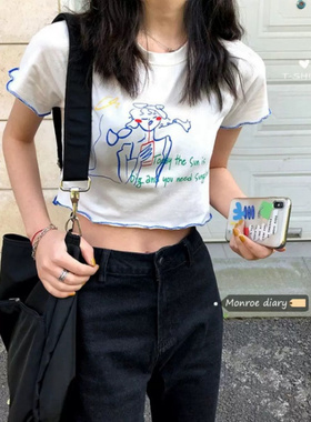 元气网单 快乐女孩简笔印花撞蓝色锁边正肩T恤 薄款百搭 尾货