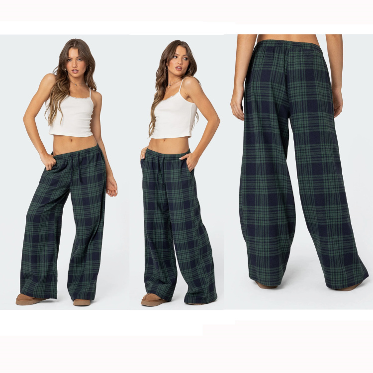 复古feel~ed1k家抽绳松紧腰好穿不挑人格子提花阔腿裤 外贸尾货
