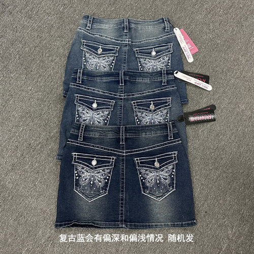 千禧Y2K风 RW家后袋钉珠蝴蝶绣花洗水弹力撞色粗线短裙 外贸尾货