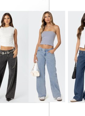 基础全棉款 简约百搭 美单辣妹edi低腰无弹直筒牛仔长裤 外贸尾货