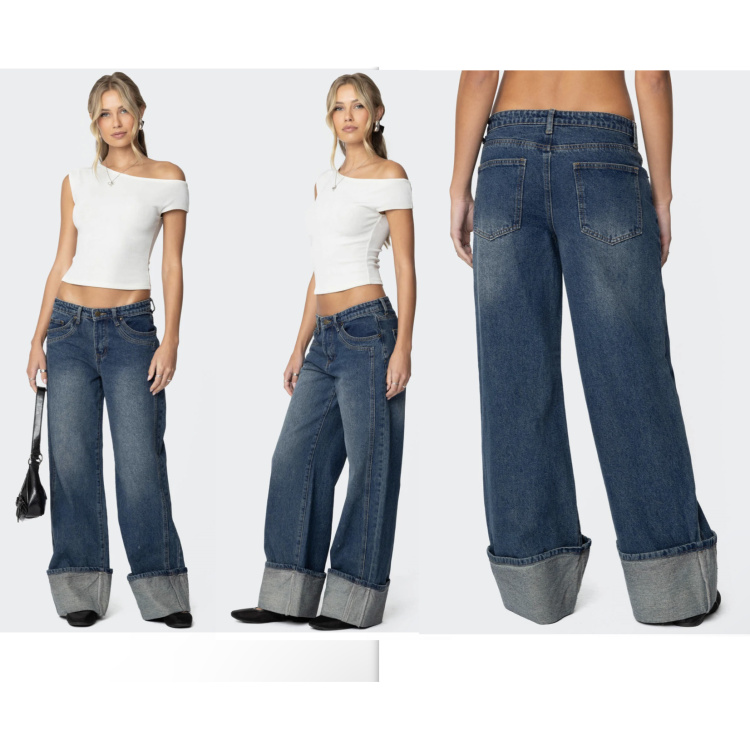 ed1k家美式男友风翻折脚边低腰无弹阔腿洗水牛仔裤 外贸尾货