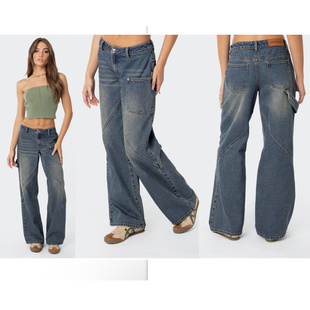 ed1k家后腰皮牌破骨多袋低腰工装直筒洗水牛仔裤 外贸尾货