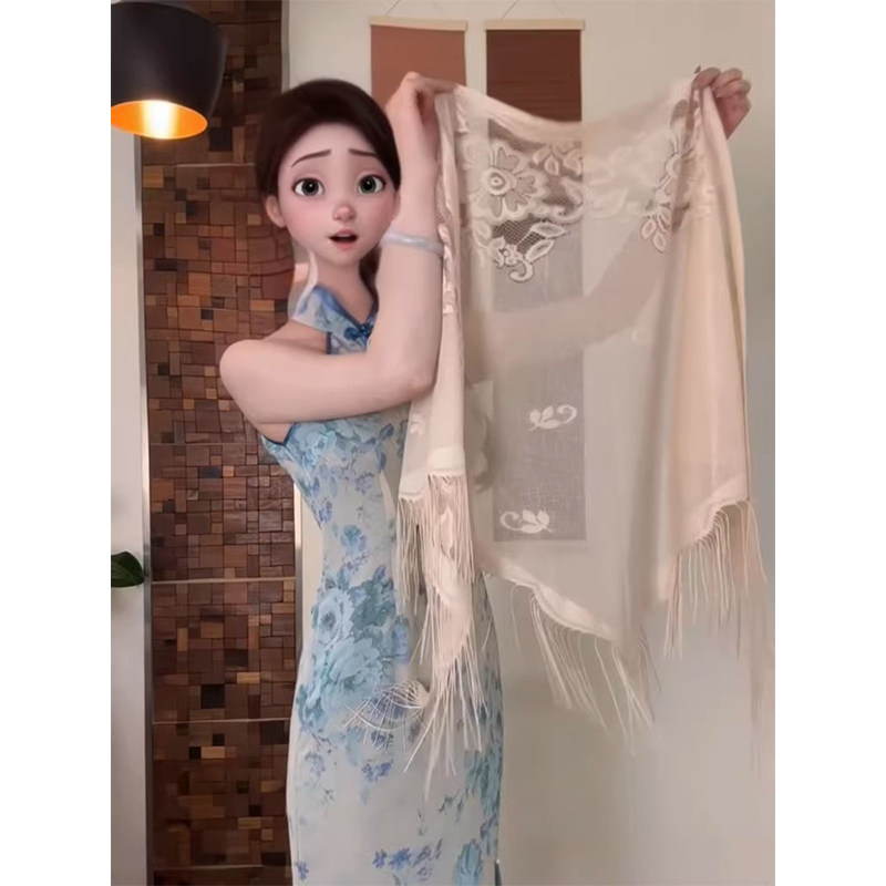 杏色蕾丝三角巾女夏季欧货优雅风薄款披肩围巾两用旗袍外搭薄丝巾