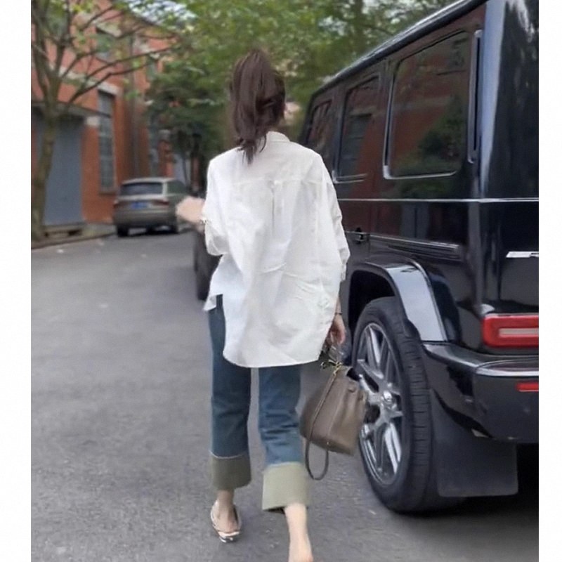 白色衬衫女春秋季欧货polo翻领衬衣中长款小个子叠穿上衣大码开衫