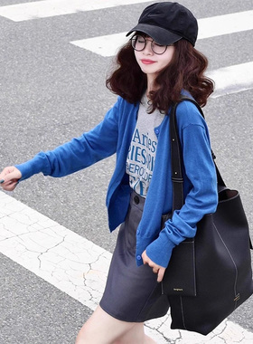 蓝色圆领针织开衫外套女2025春秋欧货穿搭宽松长袖薄款上衣外搭