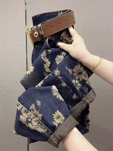 大花印染牛仔裤女春秋欧货新款覆古风时尚哈伦裤高腰显瘦长裤子