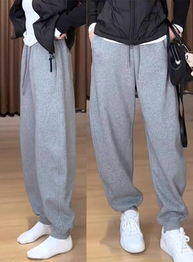 灰色束脚卫裤女春秋欧货大码宽松显瘦遮胯百搭直筒弯刀休闲小脚裤