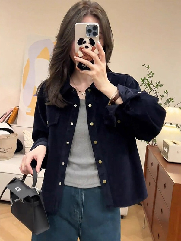 藏青色灯芯绒翻领长袖衬衫女春秋欧货覆古通勤开衫牛仔夹克短外套