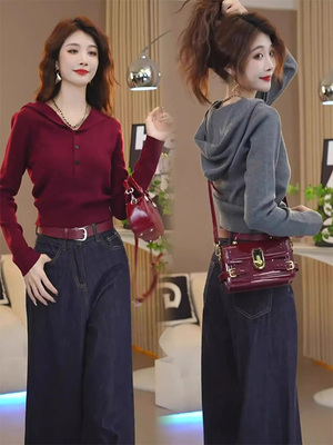 红色长袖连帽针织衫短款毛衣女秋冬欧货修身显瘦内搭打底衫上衣